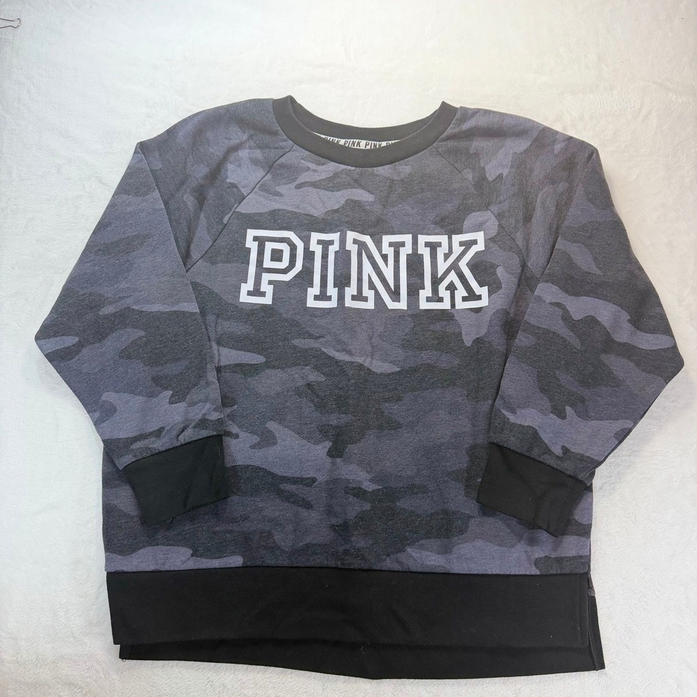 Pink Victorias Secret Crewneck Sweatshirt Grey Camo PINK Logo Pullover M (spots)